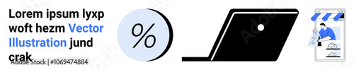 Text placeholder with a percentage symbol, black laptop, and a shopkeeper with a storefront. Ideal for e-commerce sites, online stores, digital marketing, sales, business presentations, website