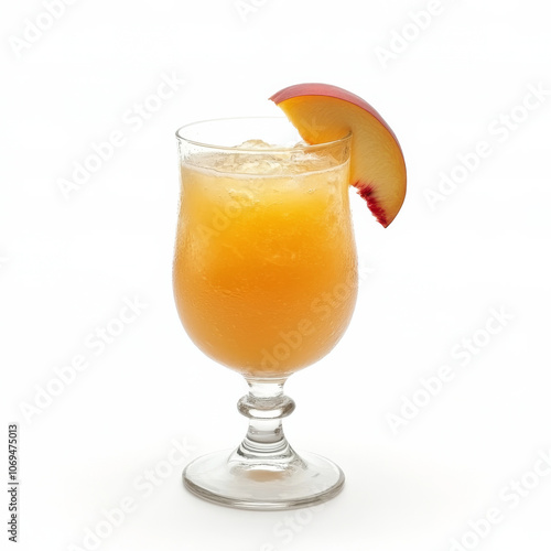 A glass of sweet peach juice, isolated on a white background, showcasing a fruity and refreshing drink