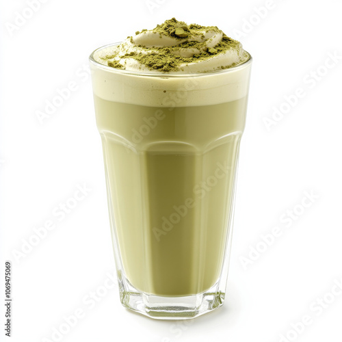 A glass of matcha latte, isolated on a white background, emphasizing a creamy green tea drink