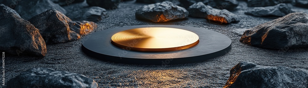 Fototapeta premium Discover how a golden disc emerges from the rocks in a stunning 3d rendered setting