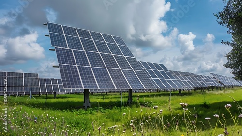 Solar panels installed in a vast agricultural field surrounded by wildflowers and grasses under a partly cloudy sky reflecting renewable energy solutions for sustainable farming