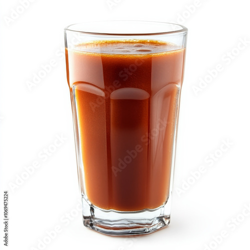 A glass of spicy tomato juice, isolated on a white background, showcasing a bold and zesty drink