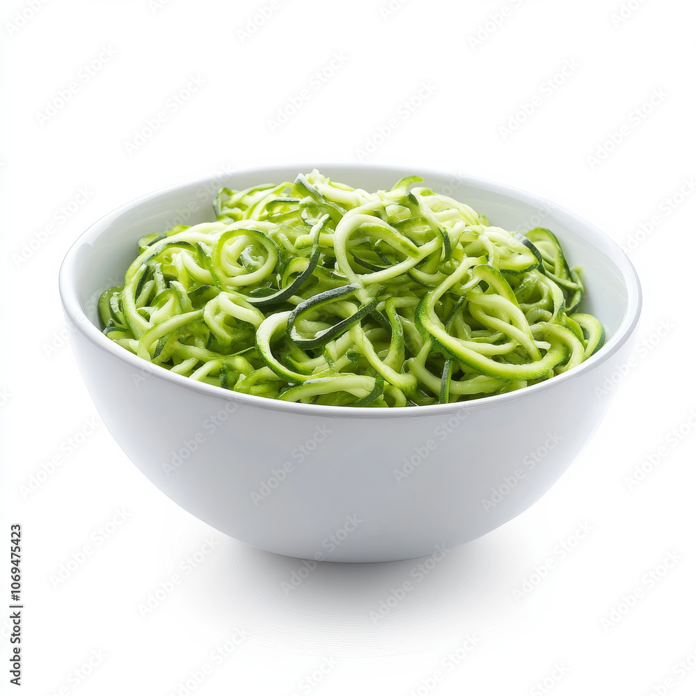 A bowl of zucchini noodles, isolated on a white background, emphasizing a low-carb pasta alternative A bowl of zucchini noodles, isolated on a white background, emphasizing a low-carb pasta alternative