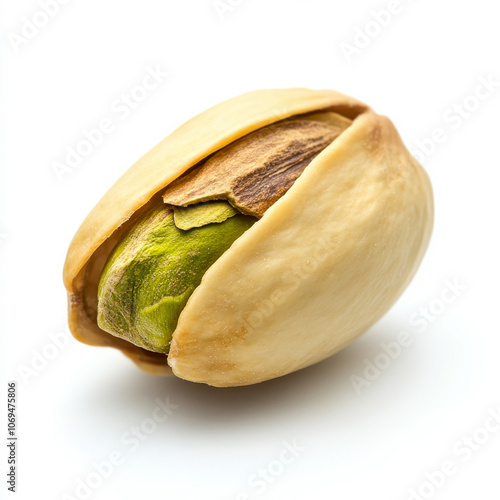 A single pistachio nut, isolated on a white background, emphasizing a crunchy and flavorful nut photo