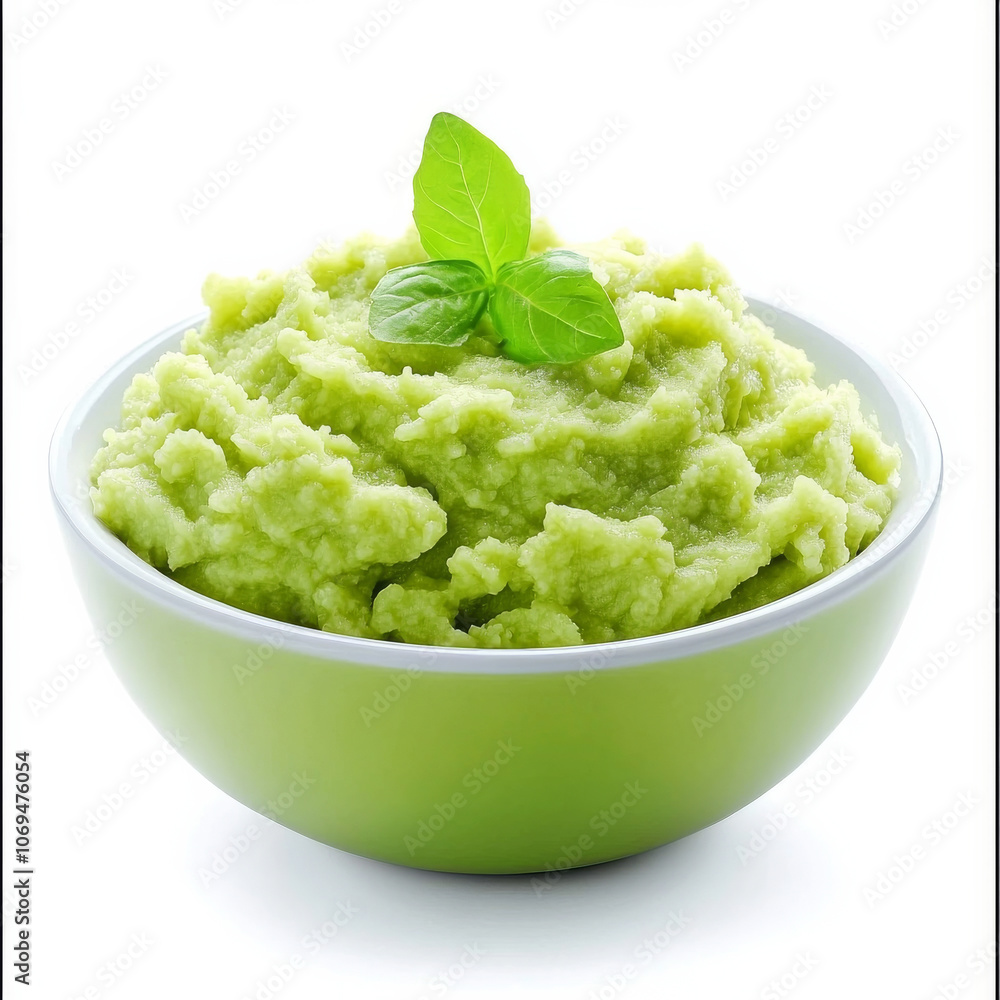 A bowl of mashed avocado, isolated on a white background, showcasing a fresh and creamy spread A bowl of mashed avocado, isolated on a white background, showcasing a fresh and creamy spread