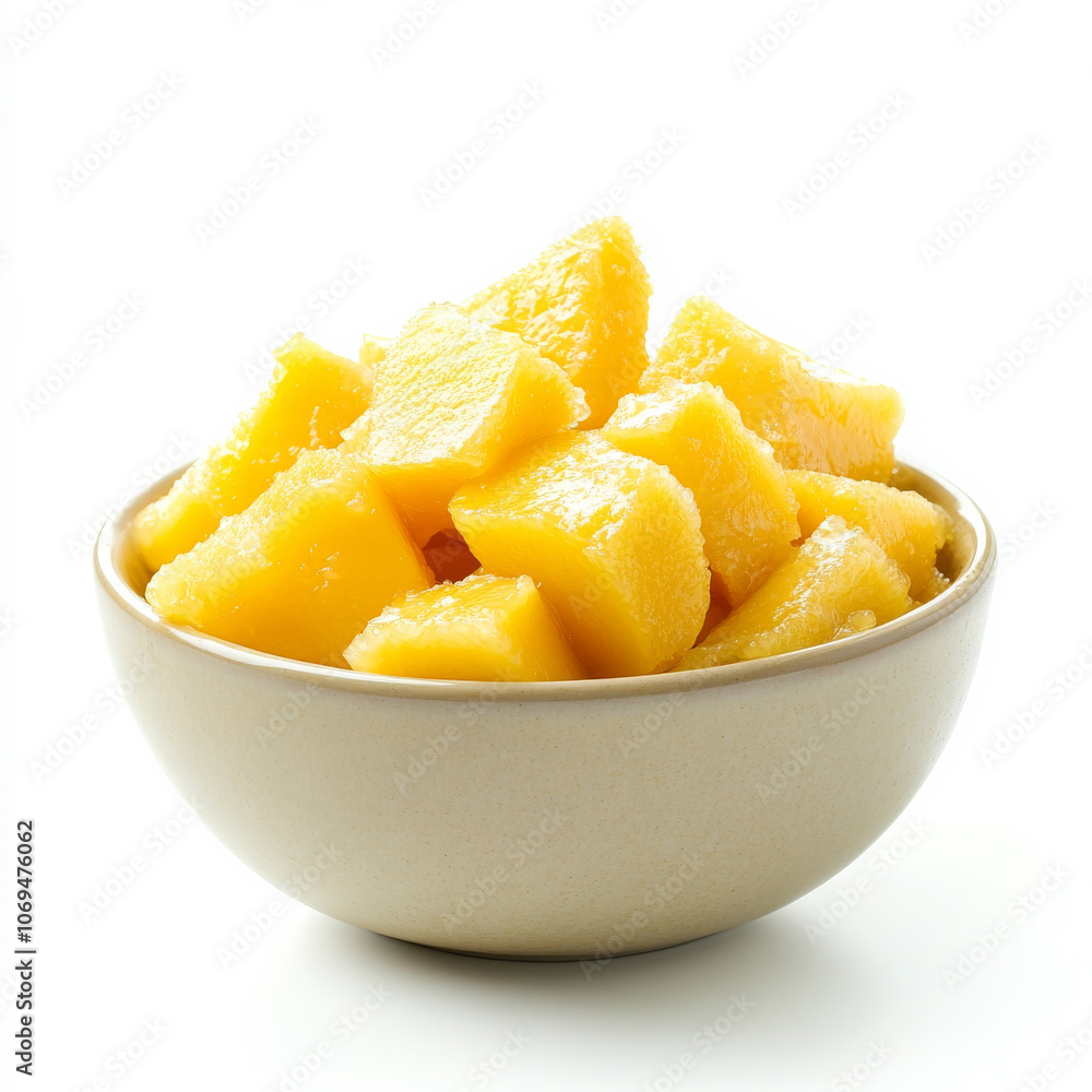 A bowl of mango chunks, isolated on a white background, emphasizing a sweet tropical fruit A bowl of mango chunks, isolated on a white background, emphasizing a sweet tropical fruit