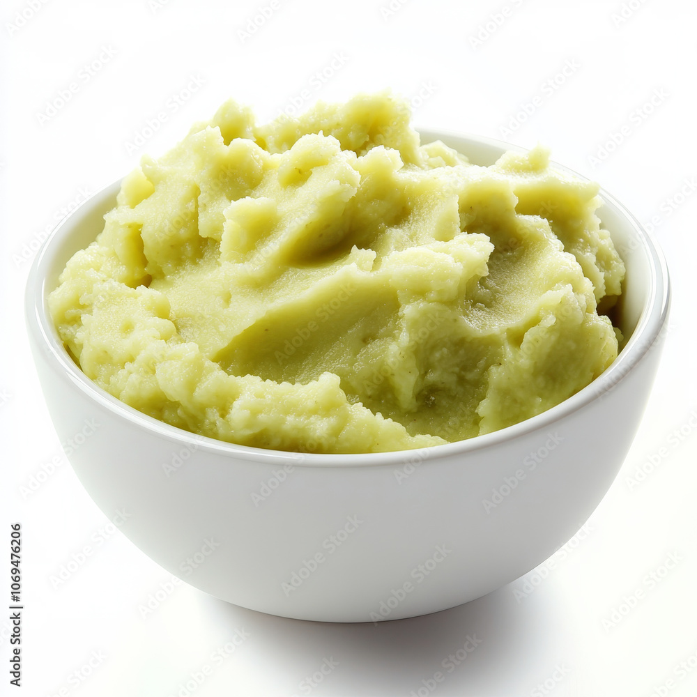 A bowl of mashed avocado, isolated on a white background, showcasing a fresh and creamy spread A bowl of mashed avocado, isolated on a white background, showcasing a fresh and creamy spread
