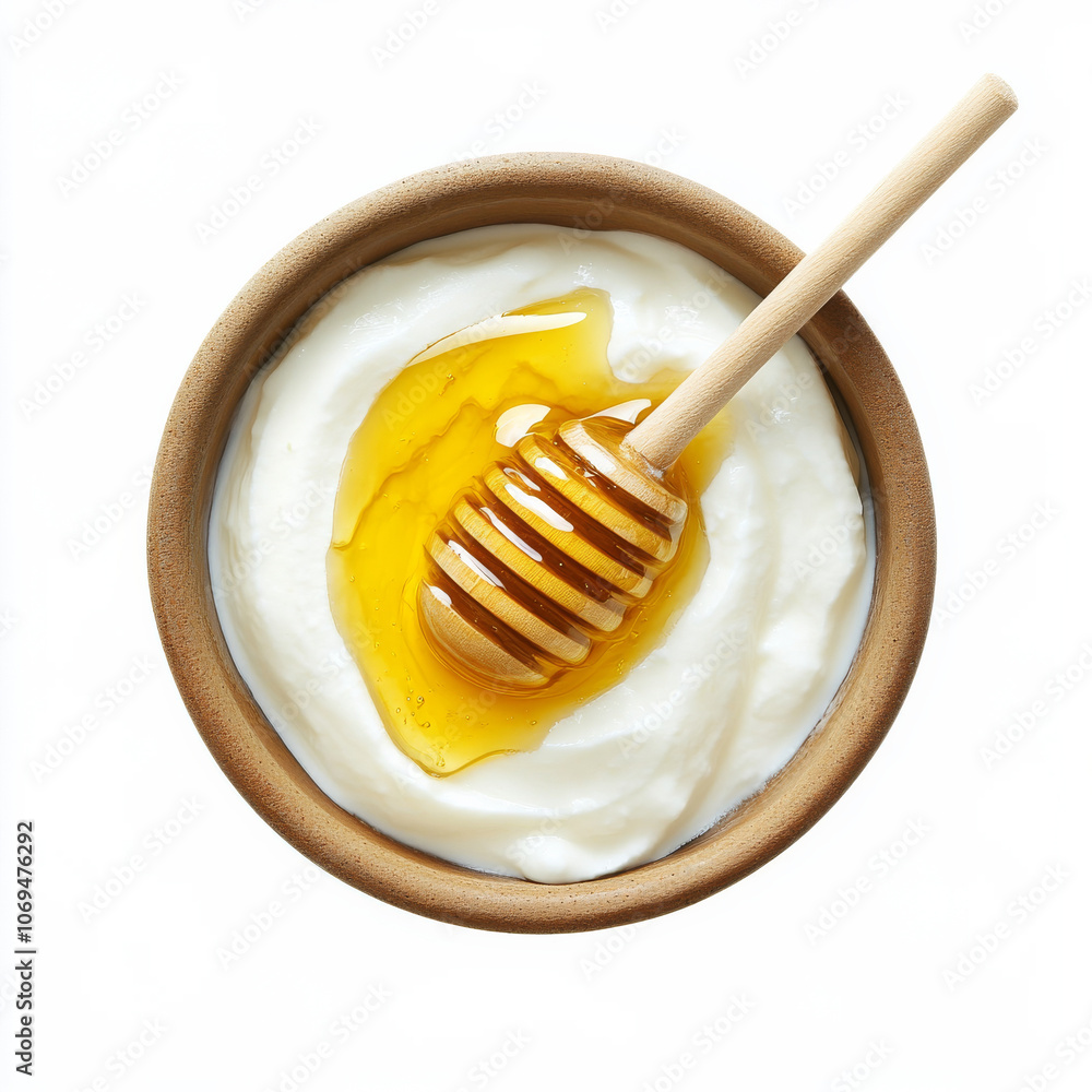 A bowl of Greek yogurt with honey, isolated on a white background, emphasizing a smooth and tangy snack A bowl of Greek yogurt with honey, isolated on a white background, emphasizing a smooth and tangy snack