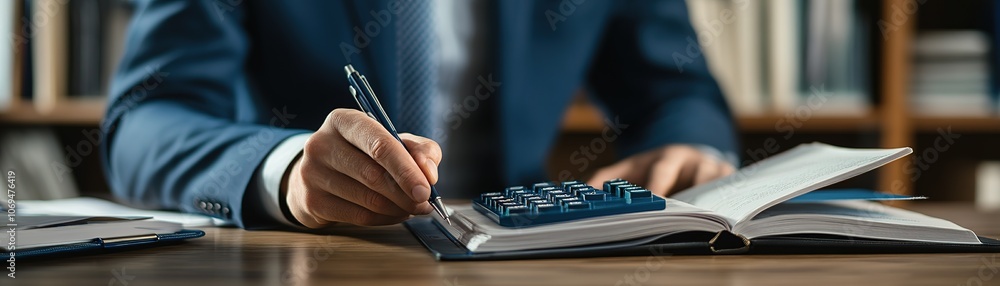 Fototapeta premium Professional accountant analyzes financial data with precision and care in modern workspace