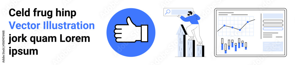 Thumbs-up icon, person analyzing chart on bar graph, data analytics panel with graphs. Ideal for performance metrics, social media engagement, teamwork, data-driven decisions, business growth Thumbs-up icon, person analyzing chart on bar graph, data analytics panel with graphs. Ideal for performance metrics, social media engagement, teamwork, data-driven decisions, business growth