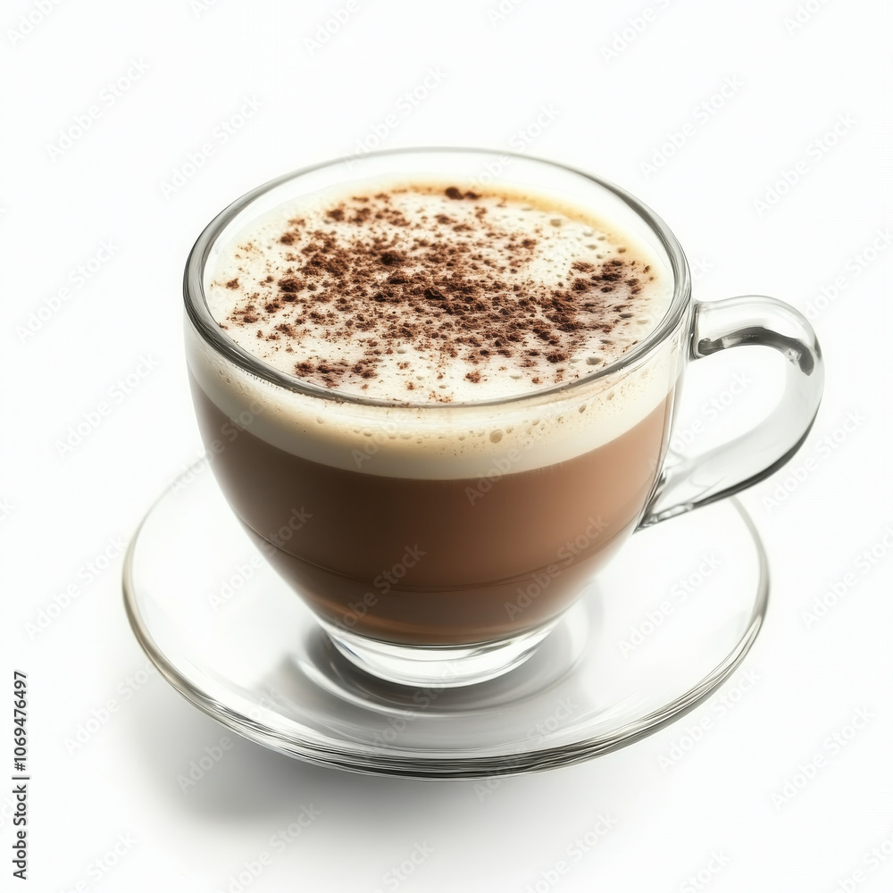 A glass of frothy cappuccino, isolated on a white background, emphasizing a classic coffee drink A glass of frothy cappuccino, isolated on a white background, emphasizing a classic coffee drink