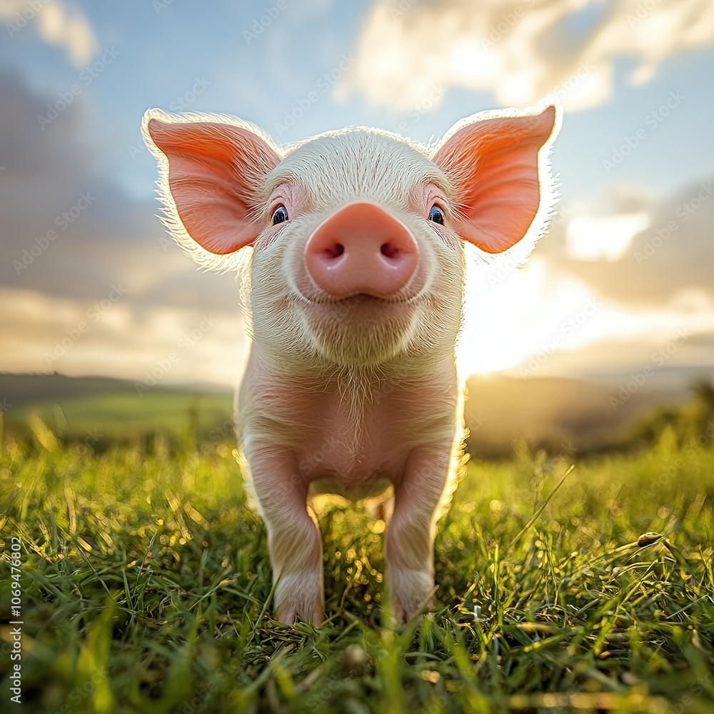 Happy piglet enjoys a beautiful sunset in the lush green meadow Happy piglet enjoys a beautiful sunset in the lush green meadow