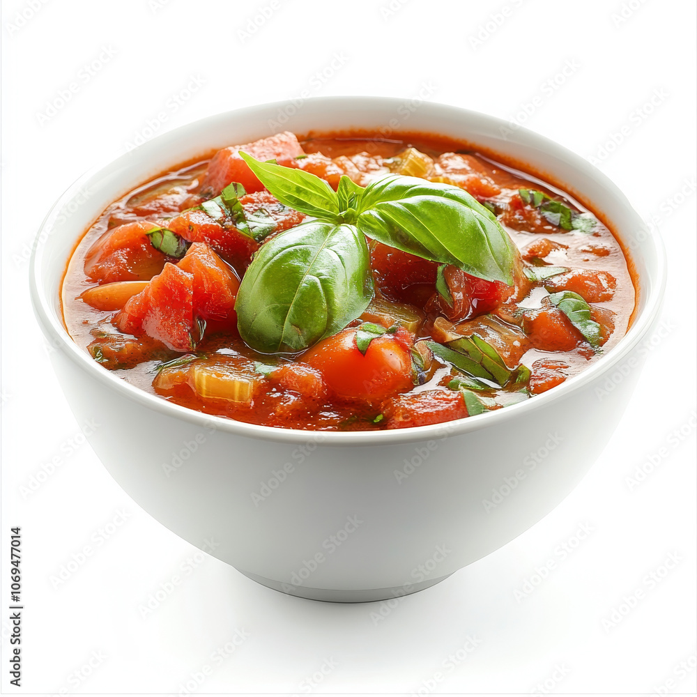 A bowl of tomato basil soup, isolated on a white background, highlighting a comforting dish A bowl of tomato basil soup, isolated on a white background, highlighting a comforting dish