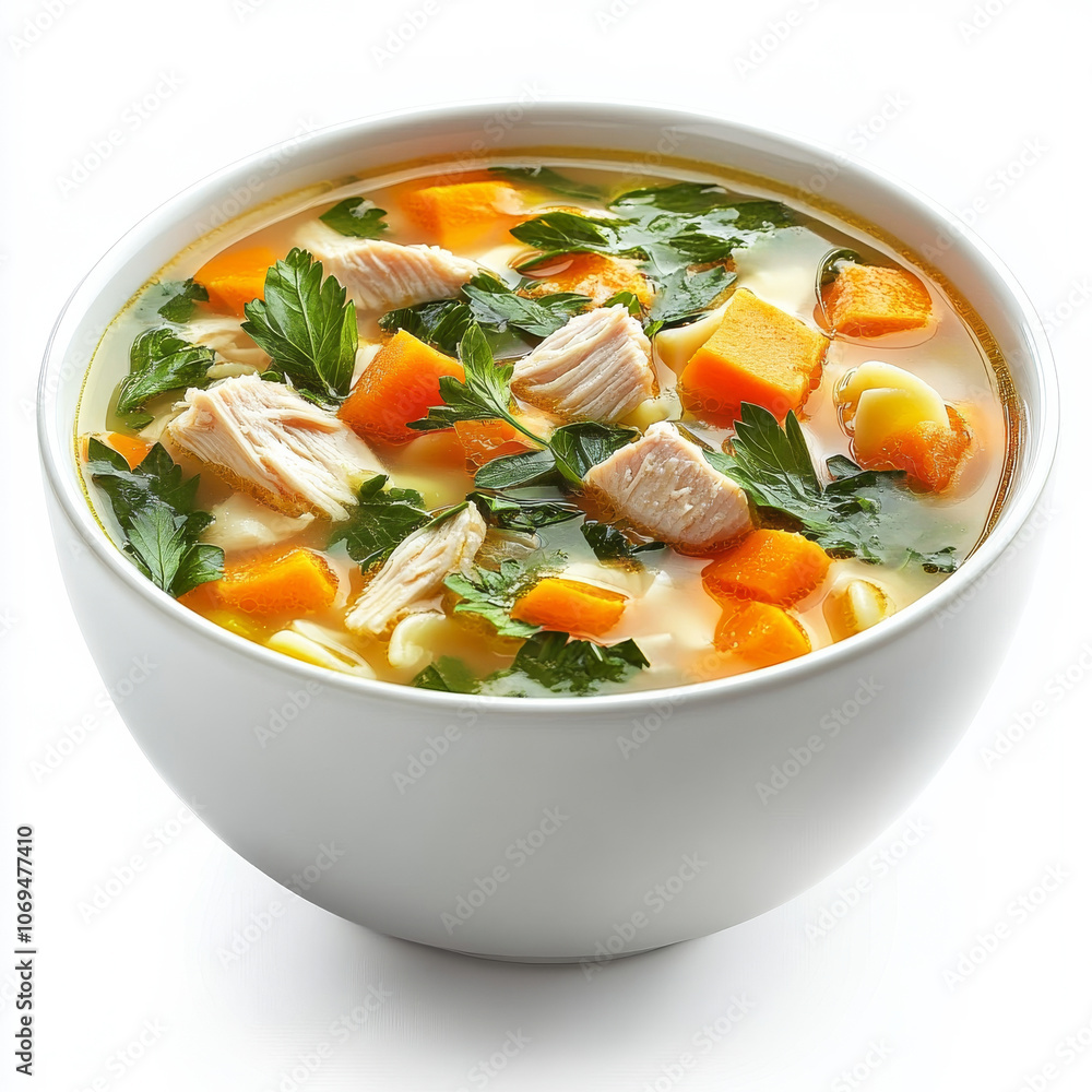 A bowl of chicken noodle soup, isolated on a white background, showcasing a comforting dish A bowl of chicken noodle soup, isolated on a white background, showcasing a comforting dish