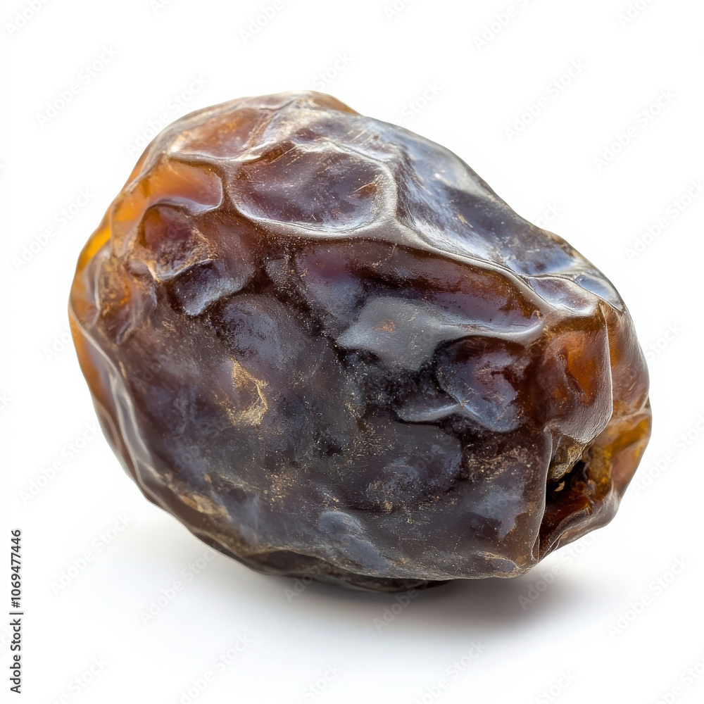 Obraz premium A single dried date, isolated on a white background, highlighting a sweet and chewy dried fruit