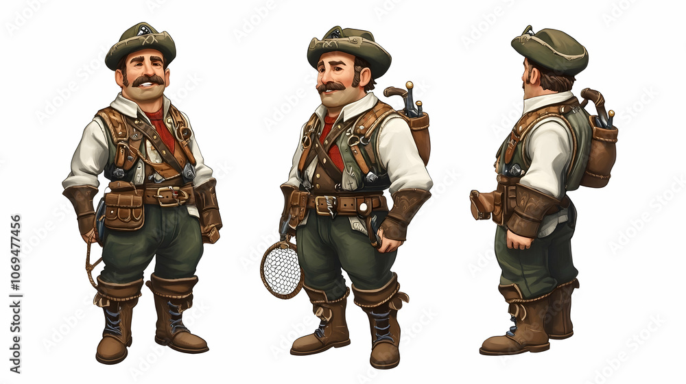 Naklejka premium A cartoon character dressed in hunting gear with a net and a variety of weapons. He stands in three different poses.