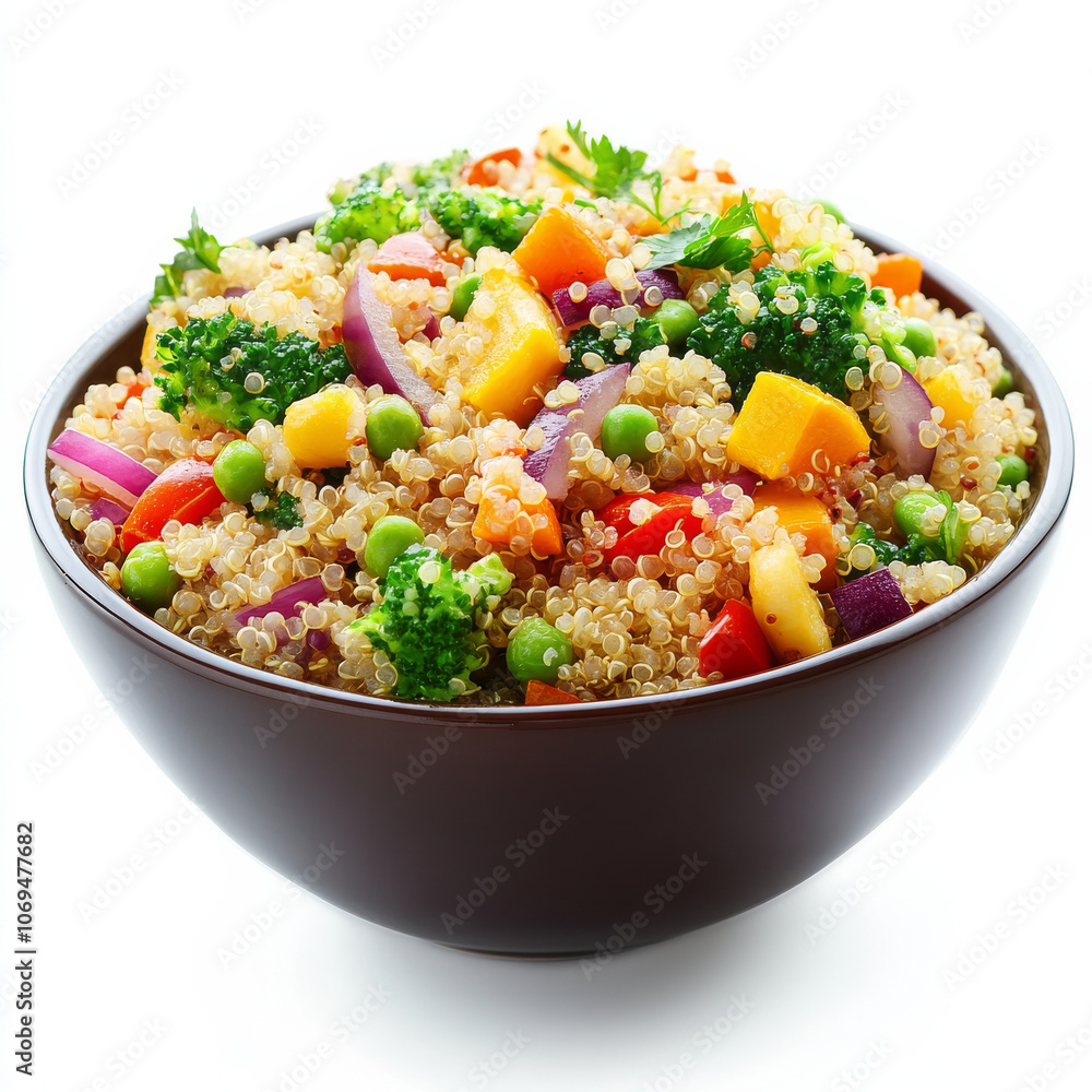 A bowl of quinoa salad with veggies, isolated on a white background, emphasizing a colorful and nutritious dish A bowl of quinoa salad with veggies, isolated on a white background, emphasizing a colorful and nutritious dish
