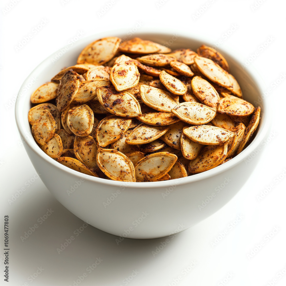 A bowl of roasted pumpkin seeds, isolated on a white background, showcasing a crunchy snack A bowl of roasted pumpkin seeds, isolated on a white background, showcasing a crunchy snack