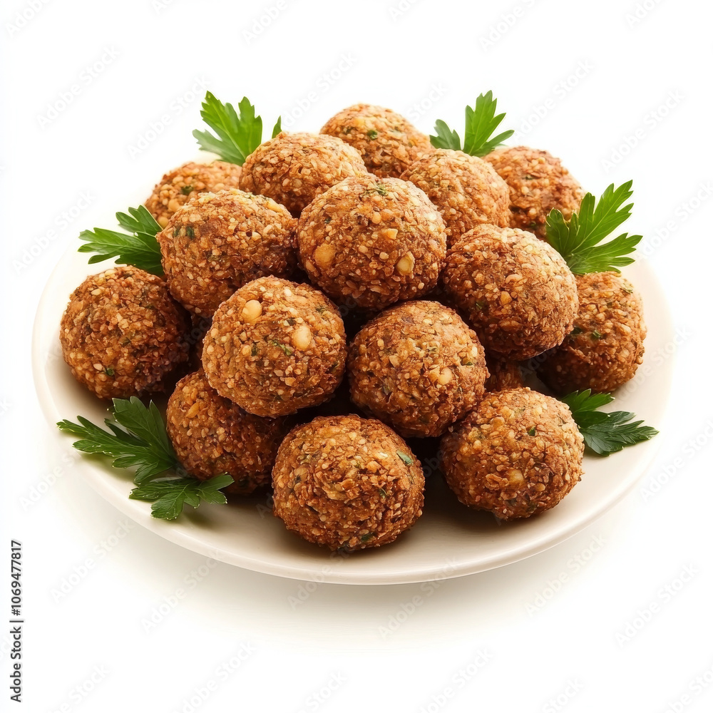 A plate of crispy falafel balls, isolated on a white background, emphasizing a savory snack A plate of crispy falafel balls, isolated on a white background, emphasizing a savory snack