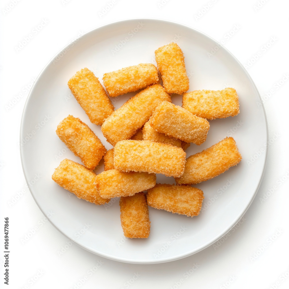 A plate of breaded fish sticks, isolated on a white background, emphasizing a kid-friendly snack A plate of breaded fish sticks, isolated on a white background, emphasizing a kid-friendly snack