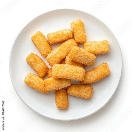 A plate of breaded fish sticks, isolated on a white background, emphasizing a kid-friendly snack photo