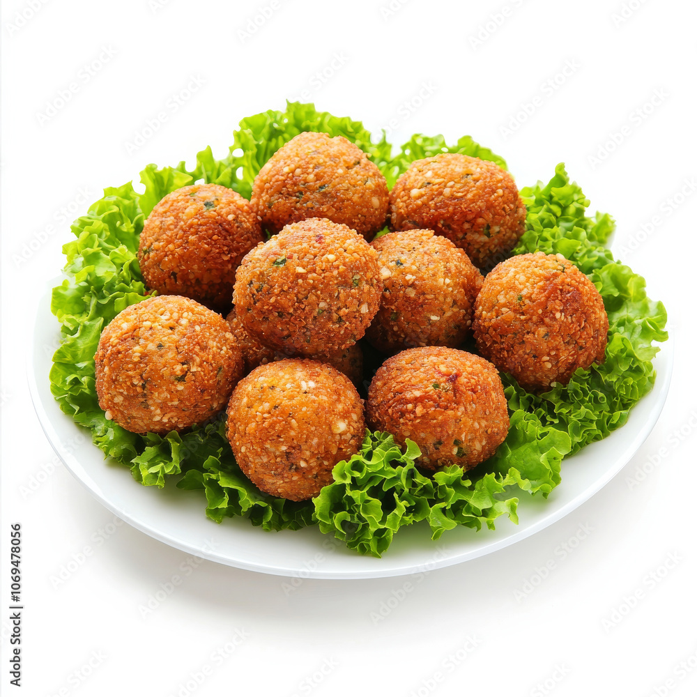 A plate of crispy falafel balls, isolated on a white background, emphasizing a savory snack A plate of crispy falafel balls, isolated on a white background, emphasizing a savory snack