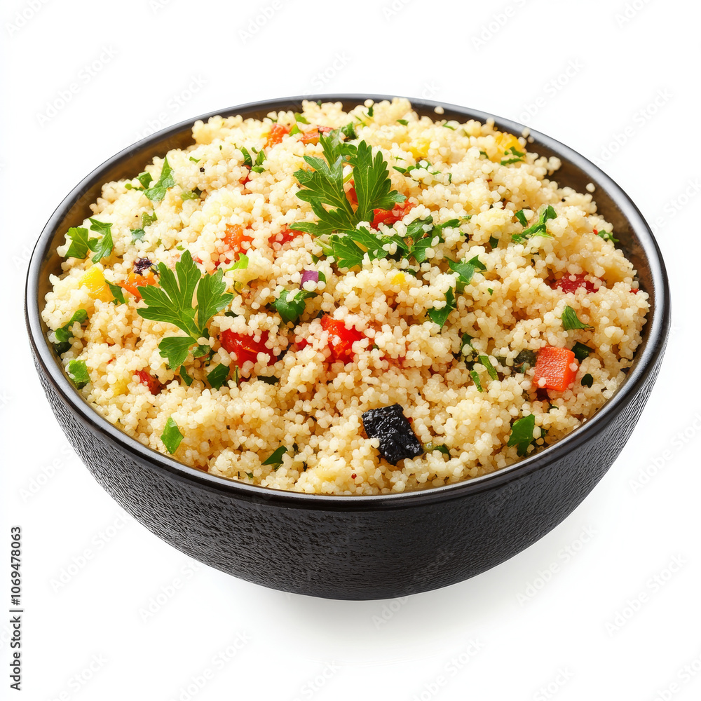 A bowl of fluffy couscous, isolated on a white background, showcasing a Mediterranean grain side A bowl of fluffy couscous, isolated on a white background, showcasing a Mediterranean grain side