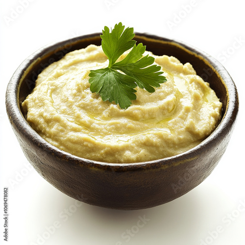 A bowl of creamy hummus, isolated on a white background, emphasizing a classic Middle Eastern dip photo