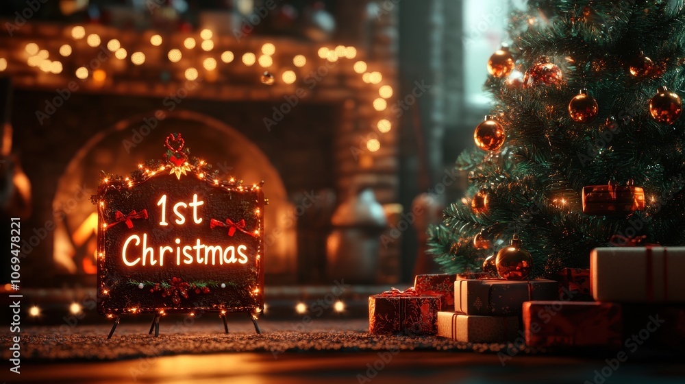 Cozy First Christmas Scene with Festive and Warm Lighting Cozy First Christmas Scene with Festive and Warm Lighting