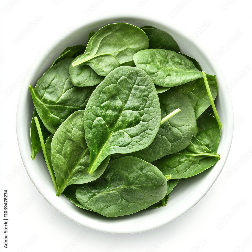 Obraz premium A bowl of fresh spinach leaves, isolated on a white background, showcasing a leafy green vegetable
