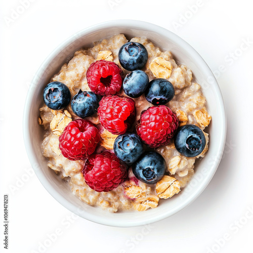 A bowl of creamy oatmeal with berries, isolated on a white background, emphasizing a wholesome breakfast