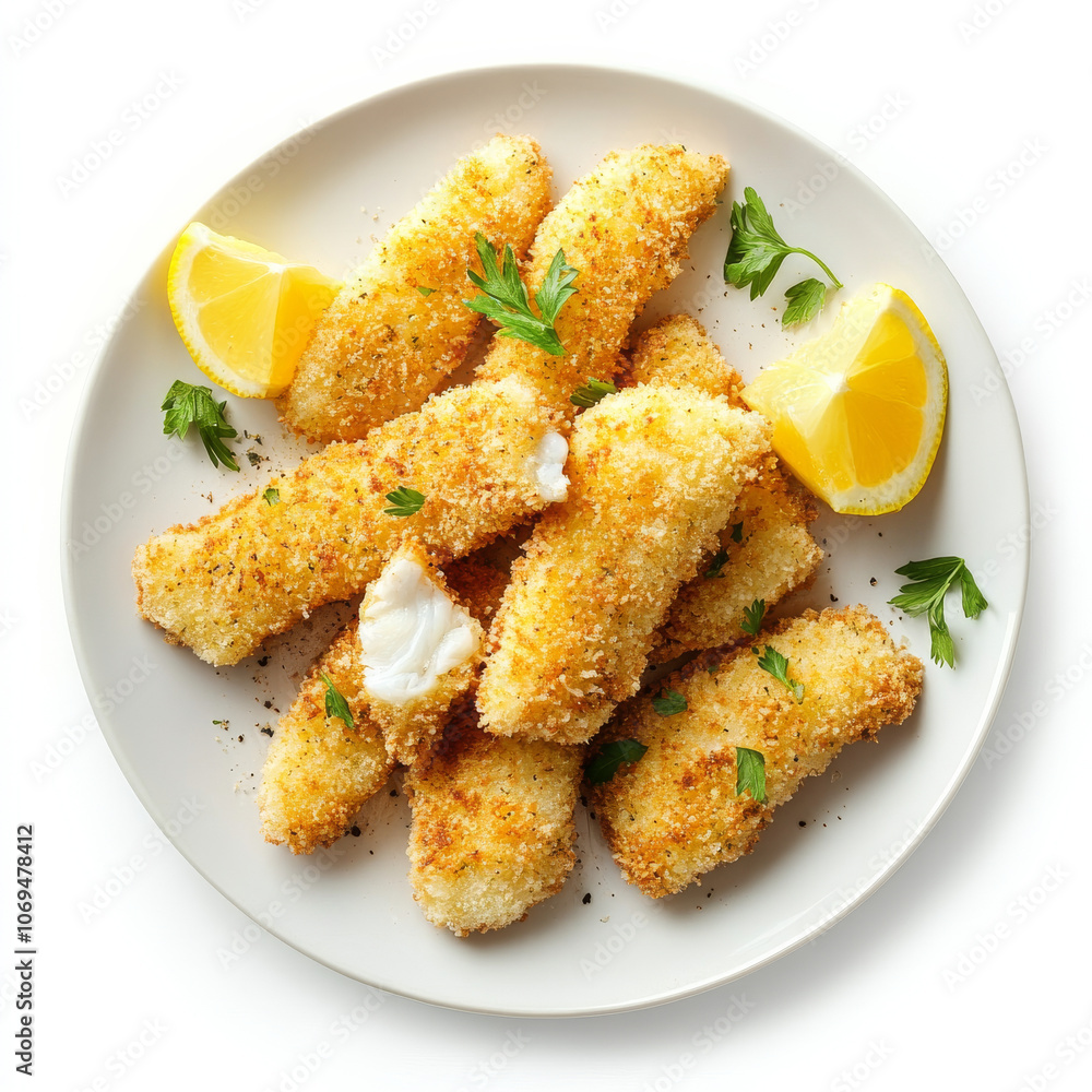 A plate of breaded fish sticks, isolated on a white background, emphasizing a kid-friendly snack A plate of breaded fish sticks, isolated on a white background, emphasizing a kid-friendly snack