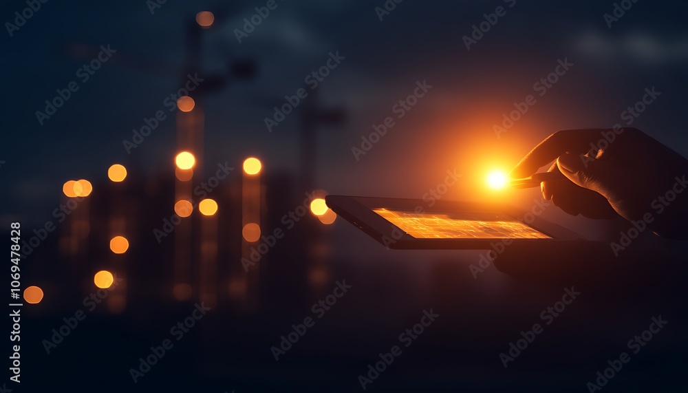 A nighttime scene featuring a hand holding a tablet, illuminated by a warm light, with construction cranes in the background. A nighttime scene featuring a hand holding a tablet, illuminated by a warm light, with construction cranes in the background.