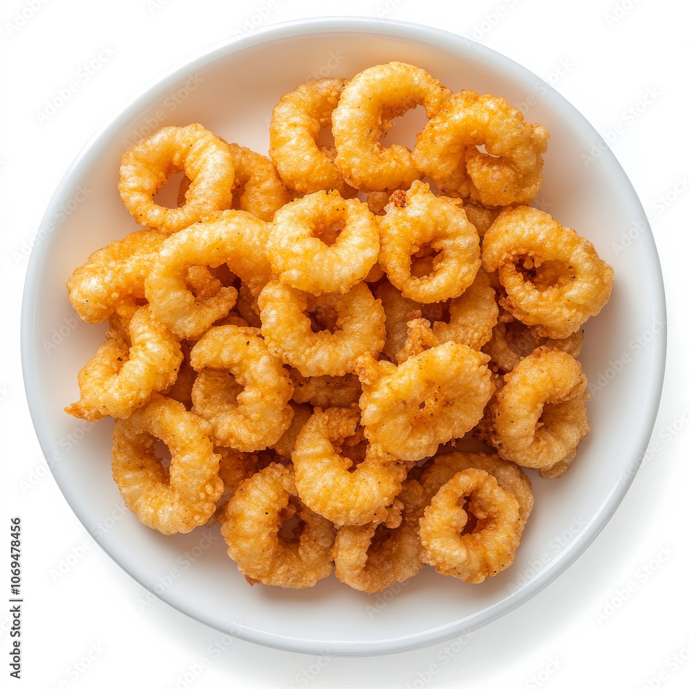 A plate of golden fried calamari, isolated on a white background, emphasizing a popular appetizer A plate of golden fried calamari, isolated on a white background, emphasizing a popular appetizer
