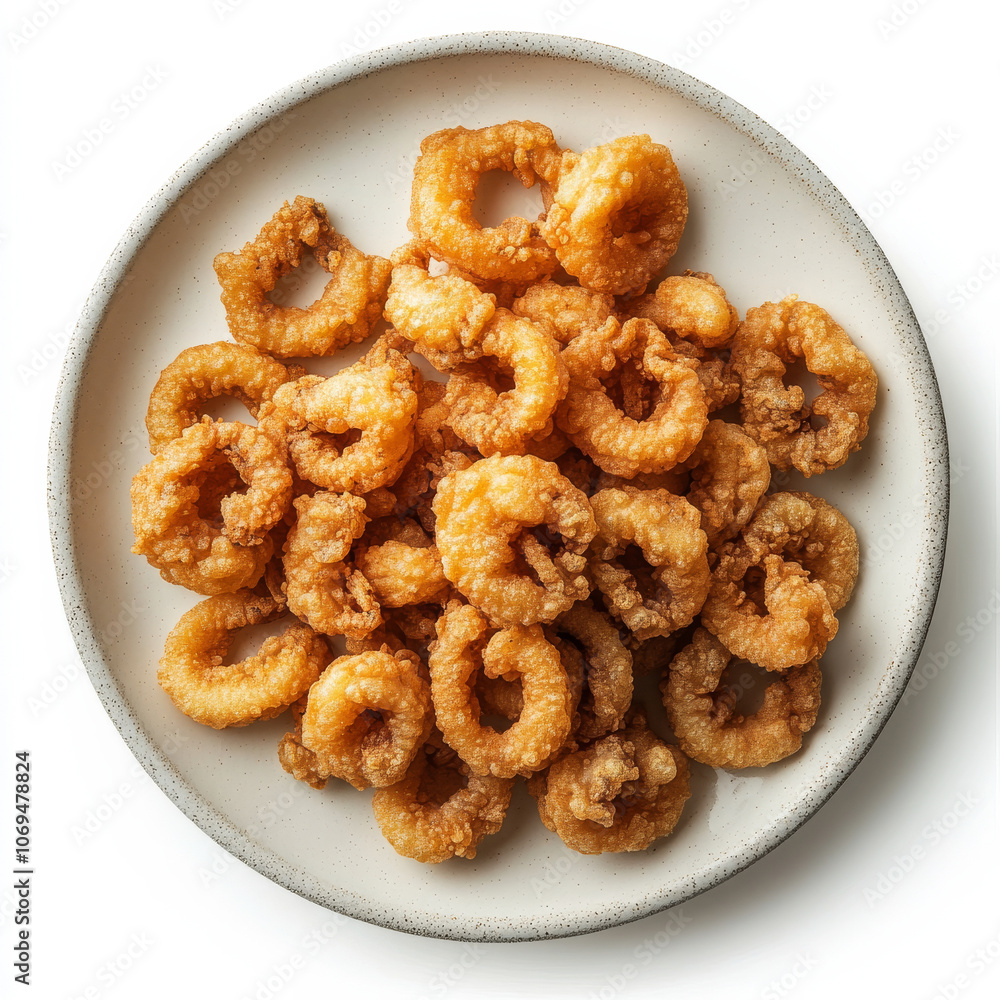 A plate of golden fried calamari, isolated on a white background, emphasizing a popular appetizer A plate of golden fried calamari, isolated on a white background, emphasizing a popular appetizer