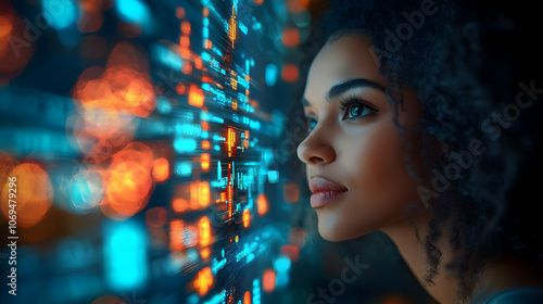 Woman Looking at Futuristic Screen - Realistic Image