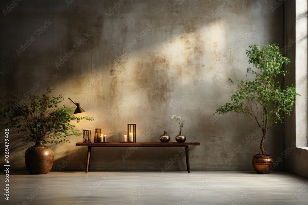 A rustic interior with a wooden bench, two potted plants, and candles on a textured wall. A rustic interior with a wooden bench, two potted plants, and candles on a textured wall.