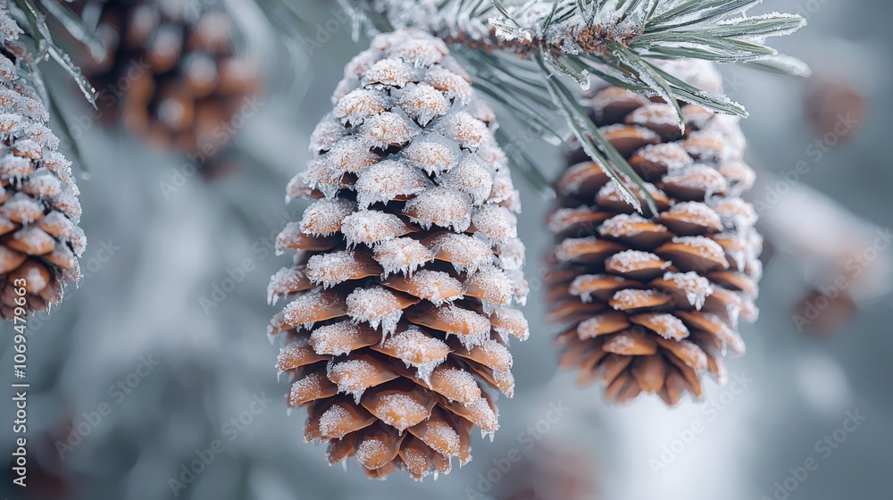 Snow-covered pine cones hanging from branches in a winter forest setting