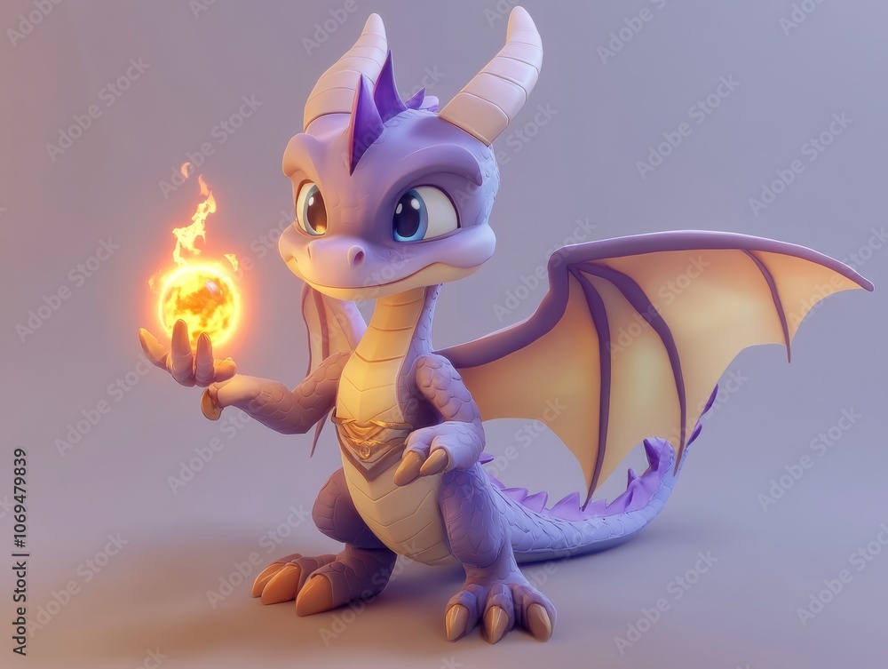 A cute purple dragon character holding a glowing fireball, showcasing a playful design. A cute purple dragon character holding a glowing fireball, showcasing a playful design.