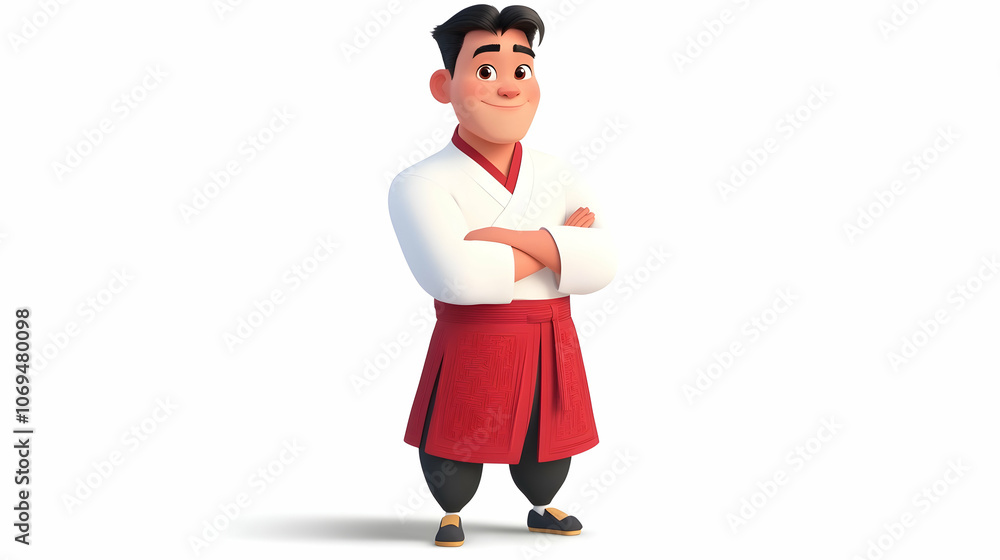 A cartoon chef in a white uniform with a red sash, smiling and standing with his arms crossed. A cartoon chef in a white uniform with a red sash, smiling and standing with his arms crossed.