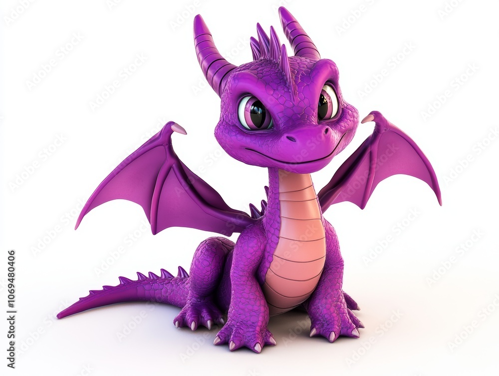 A cute, purple dragon character with large wings and expressive eyes, designed for entertainment. A cute, purple dragon character with large wings and expressive eyes, designed for entertainment.
