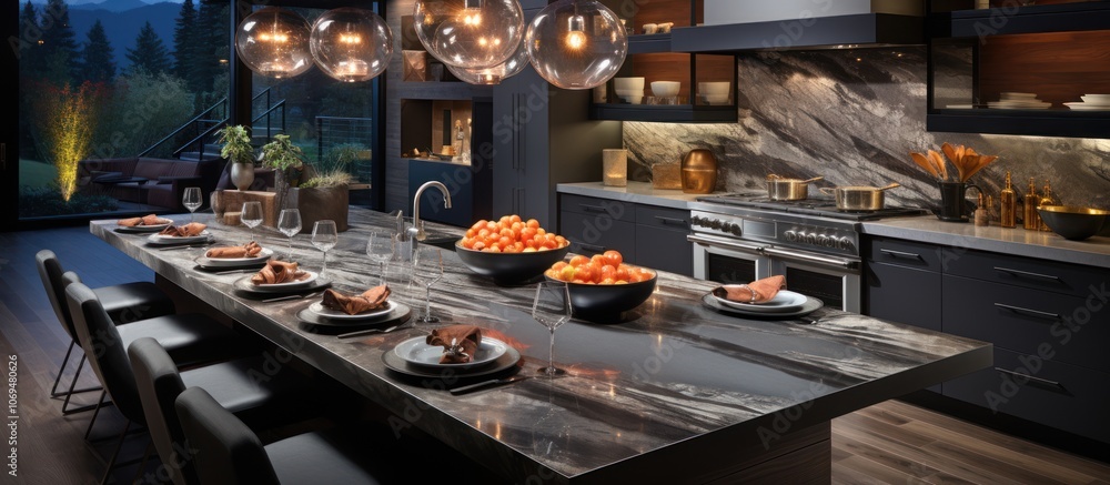 A modern kitchen with a long, sleek island countertop A modern kitchen with a long, sleek island countertop