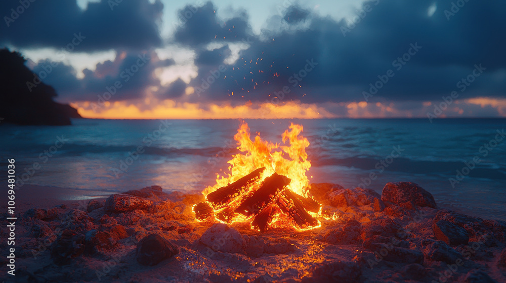 vibrant beach bonfire illuminates evening sky, creating relaxed atmosphere vibrant beach bonfire illuminates evening sky, creating relaxed atmosphere