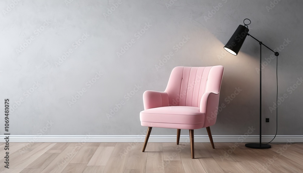 Minimalist living room with pink armchair and modern floor lamp Minimalist living room with pink armchair and modern floor lamp