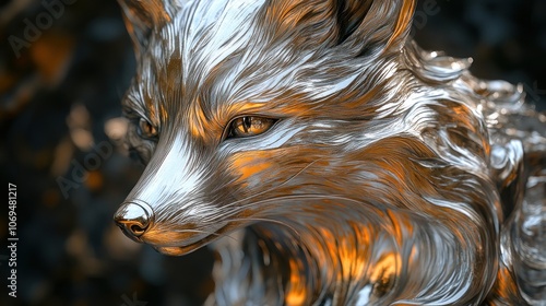 A close-up of a silver fox sculpture, the fur flowing like liquid metal, with a golden glow around the eyes. photo