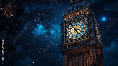 Big Ben tower with a night sky full of stars.