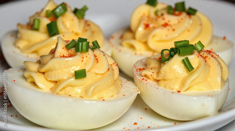Deviled eggs with chives and paprika on white plate Deviled eggs with chives and paprika on white plate