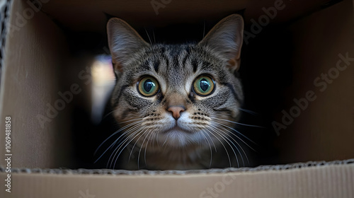 Cat Looking Out of a Cardboard Box - Photo