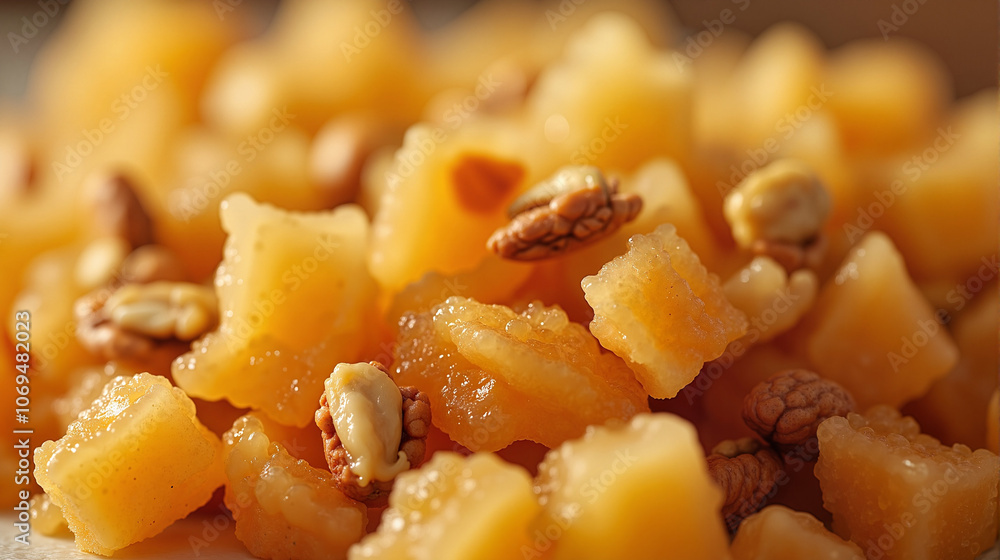 Diced nougat with walnuts in warm golden light Diced nougat with walnuts in warm golden light