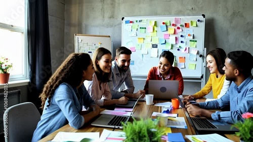 Team in a Brainstorming Session: Five team members sit around a wooden table in a meeting room filled with natural light.